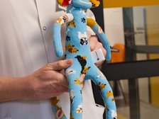 Na zdjęciu osoba w białym fartuchu trzyma miękką zabawkę. Zabawka jest jasnoniebieska, ma bardzo długie ręce i nogi, duże czarne oczy i uśmiech. Materiał ozdobiony jest wzorami psów, a uszy są kolorowe. Tło wygląda jak jasny korytarz z przeszklonymi drzwiami.