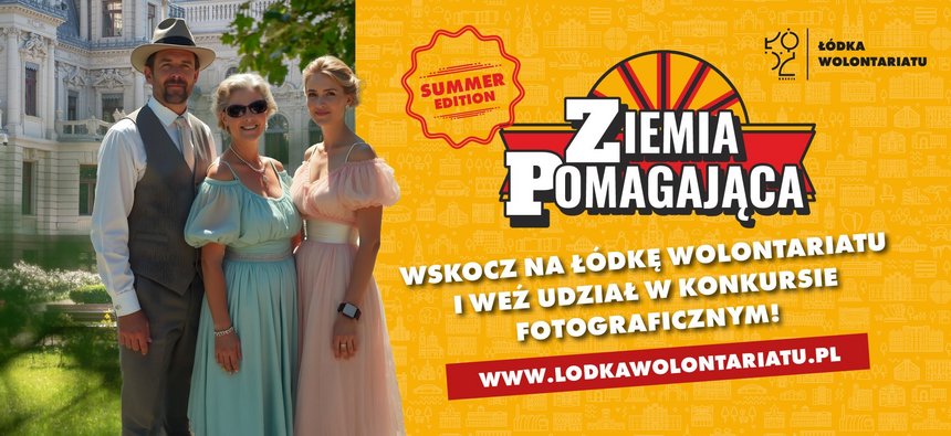Plakat Łódki Wolontariatu. Trzy osoby na tle zabytkowej kamienicy obok napis Ziemia Pomagająca WSKOCZ NA ŁÓDKĘ WOLONTARIATU I DZIAŁAJ RAZEM Z NAMI!